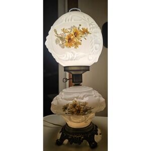 Vintage Hurricane Double Lamp Milk Glass Lions And Daisies